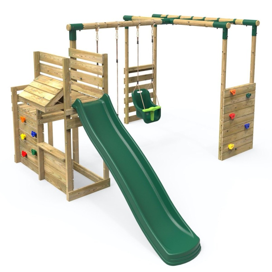 Swings OutdoorToys Wooden Swings | Rebo Wooden Swing Set Plus Deluxe Deck, 8Ft Slide & Monkey Bars - Luna Green