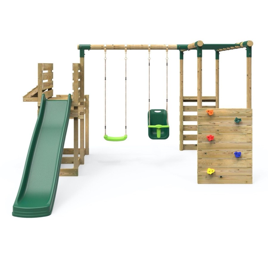 Swings OutdoorToys Wooden Swings | Rebo Wooden Swing Set Plus Deluxe Deck, 8Ft Slide & Monkey Bars - Luna Green