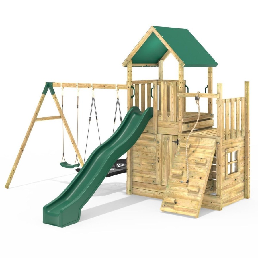 Climbing Frames OutdoorToys Climbing Frames With Rock Walls | Rebo Modular Wooden Climbing Frame Adventure Playset - M8 Plus Ramp & Double Swing