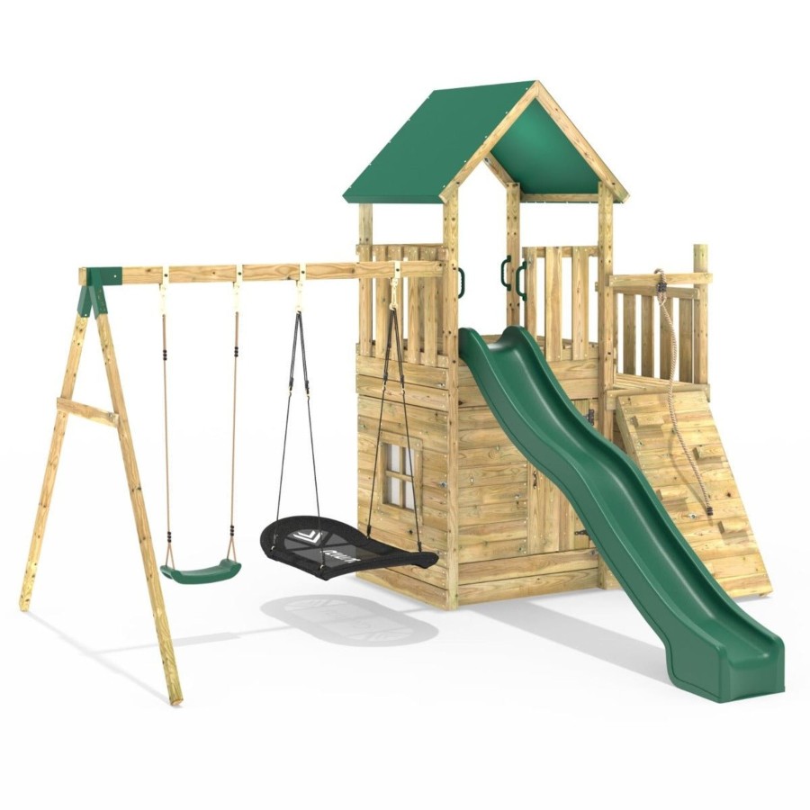 Climbing Frames OutdoorToys Climbing Frames With Rock Walls | Rebo Modular Wooden Climbing Frame Adventure Playset - M8 Plus Ramp & Double Swing