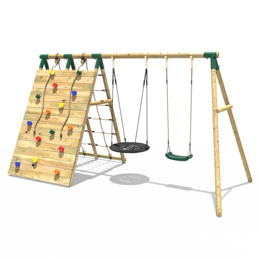 Swings OutdoorToys Wooden Swings | Rebo Beat The Wall Wooden Swing Set With Double Up & Over Climbing Wall Spire