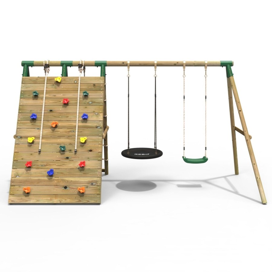 Swings OutdoorToys Wooden Swings | Rebo Beat The Wall Wooden Swing Set With Double Up & Over Climbing Wall Spire