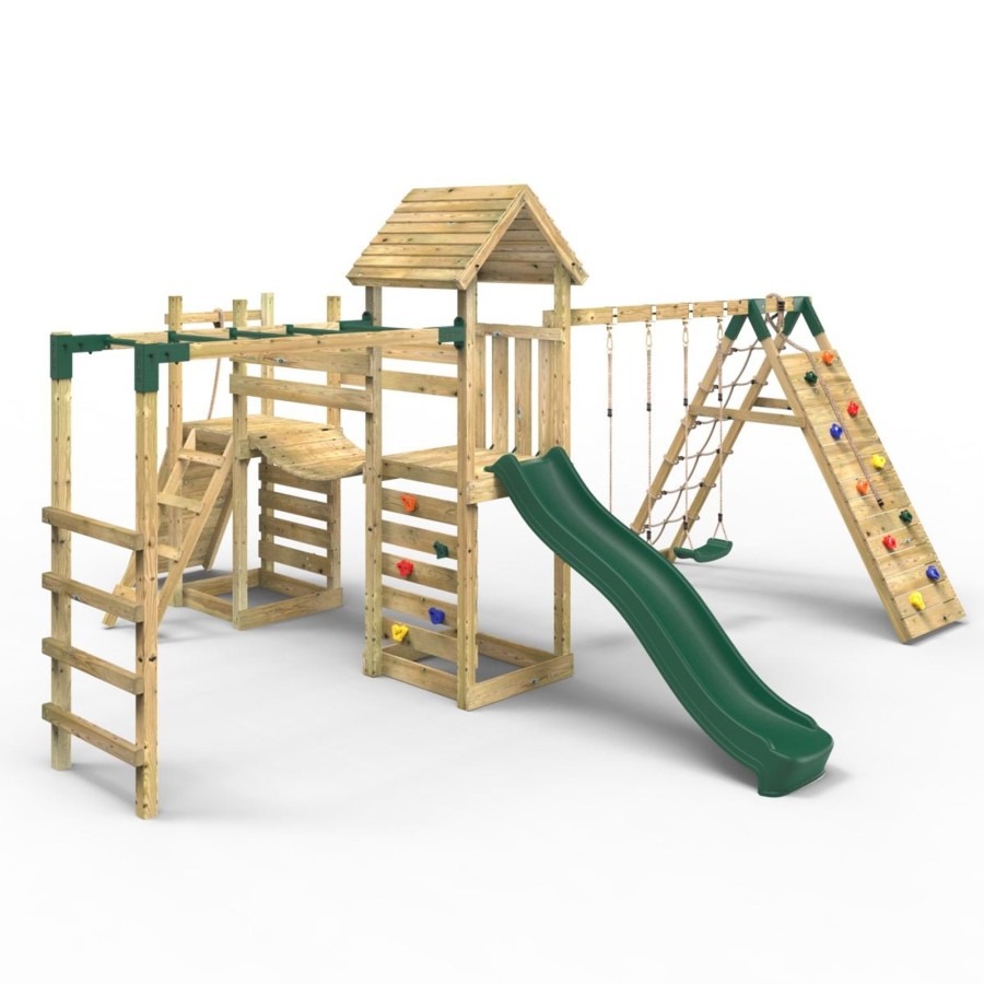 Climbing Frames OutdoorToys Climbing Frames With Rock Walls | Rebo Double Tower Climbing Frame With Flexible Bridge, Swing & Slide - Dolomite