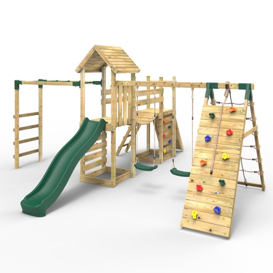 Climbing Frames OutdoorToys Climbing Frames With Rock Walls | Rebo Double Tower Climbing Frame With Flexible Bridge, Swing & Slide - Dolomite