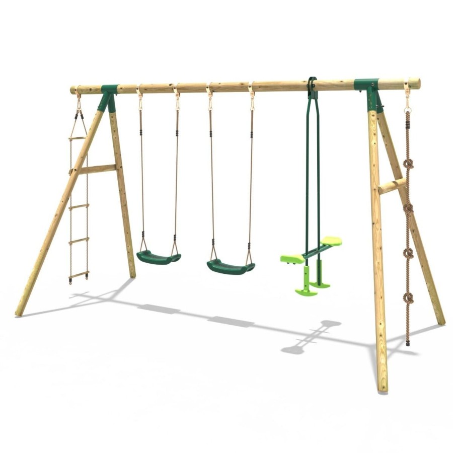 Swings OutdoorToys Wooden Swings | Rebo Wooden Triple Garden Swing Sets - Climbing Rope - Saturn