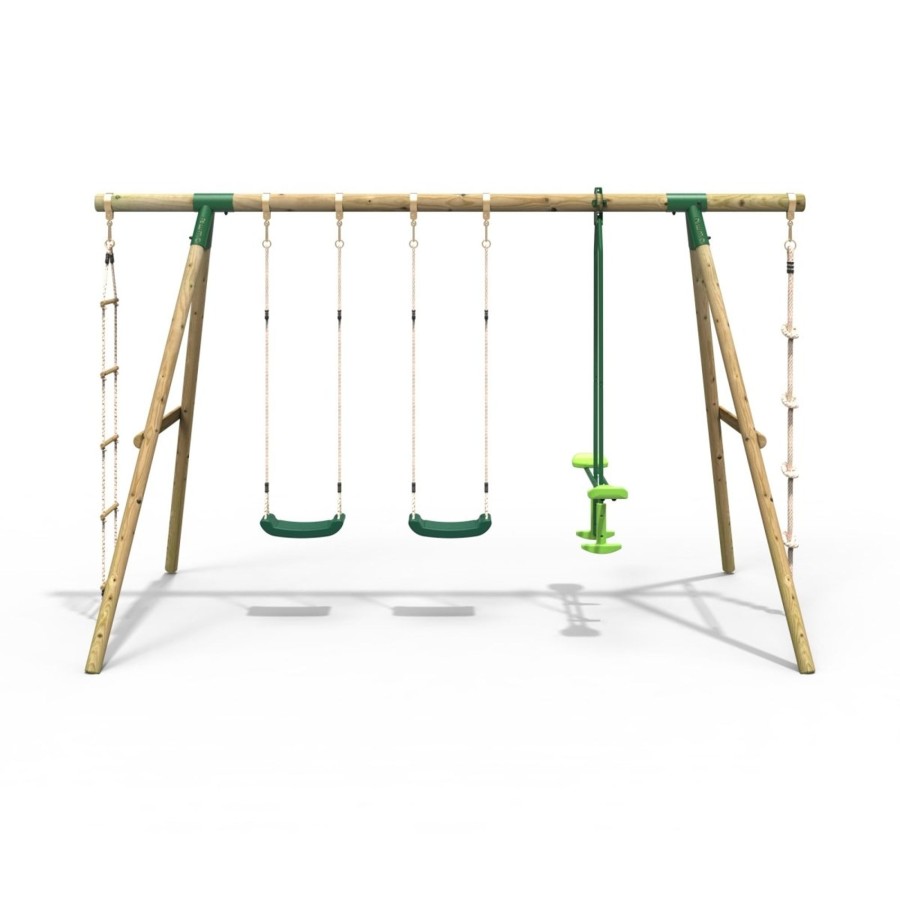 Swings OutdoorToys Wooden Swings | Rebo Wooden Triple Garden Swing Sets - Climbing Rope - Saturn