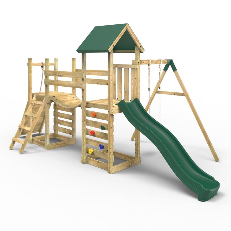 Climbing Frames OutdoorToys Climbing Frames With Rock Walls | Rebo Double Tower Climbing Frame With Flexible Bridge, Swing & Slide - Rushmore