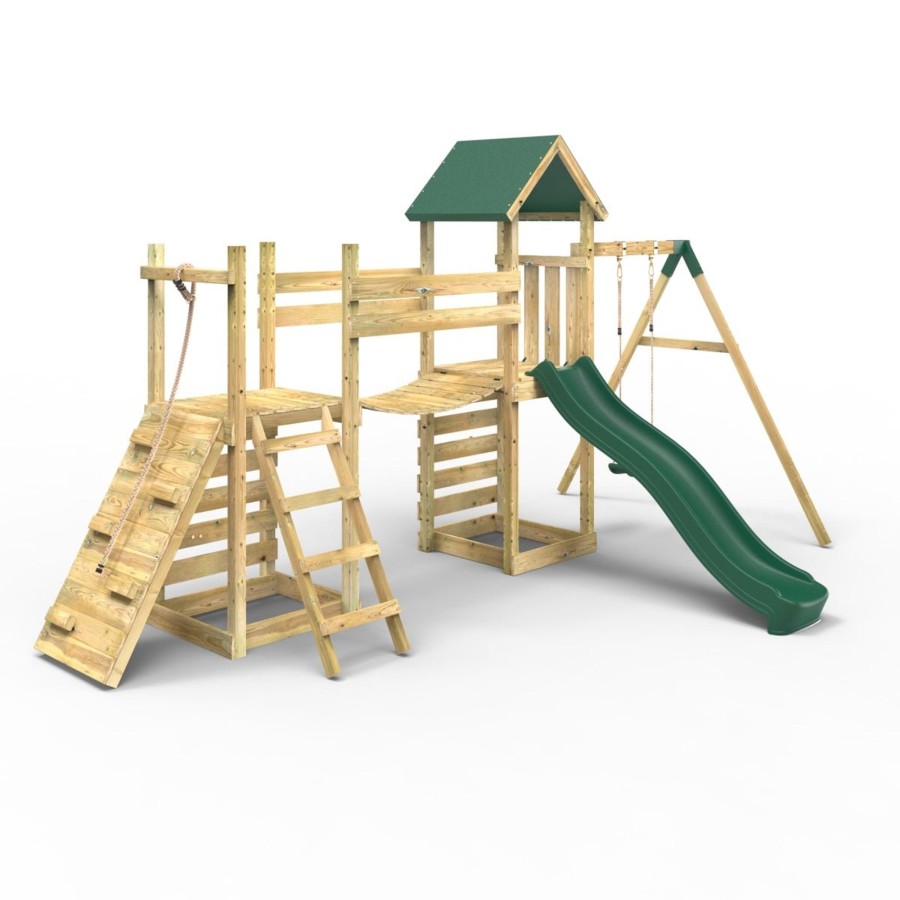 Climbing Frames OutdoorToys Climbing Frames With Rock Walls | Rebo Double Tower Climbing Frame With Flexible Bridge, Swing & Slide - Rushmore