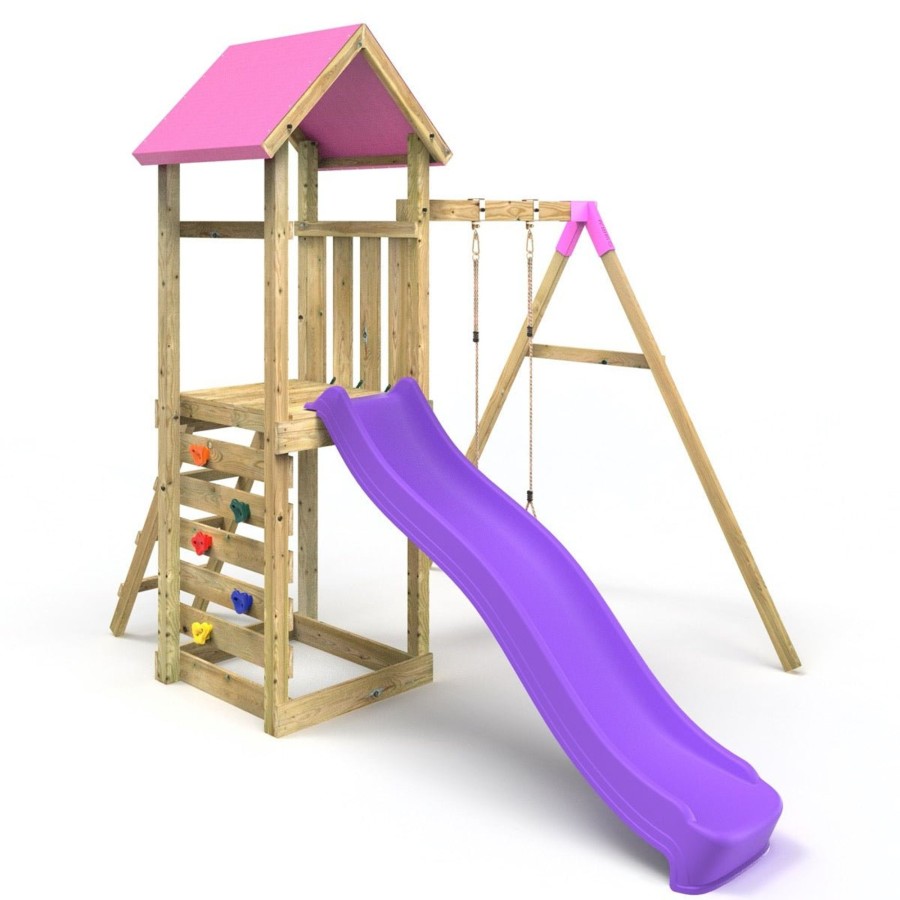 Climbing Frames OutdoorToys Climbing Frames With Rock Walls | Rebo Adventure Wooden Climbing Frame, Swing Set And Slide - Rushmore Pink