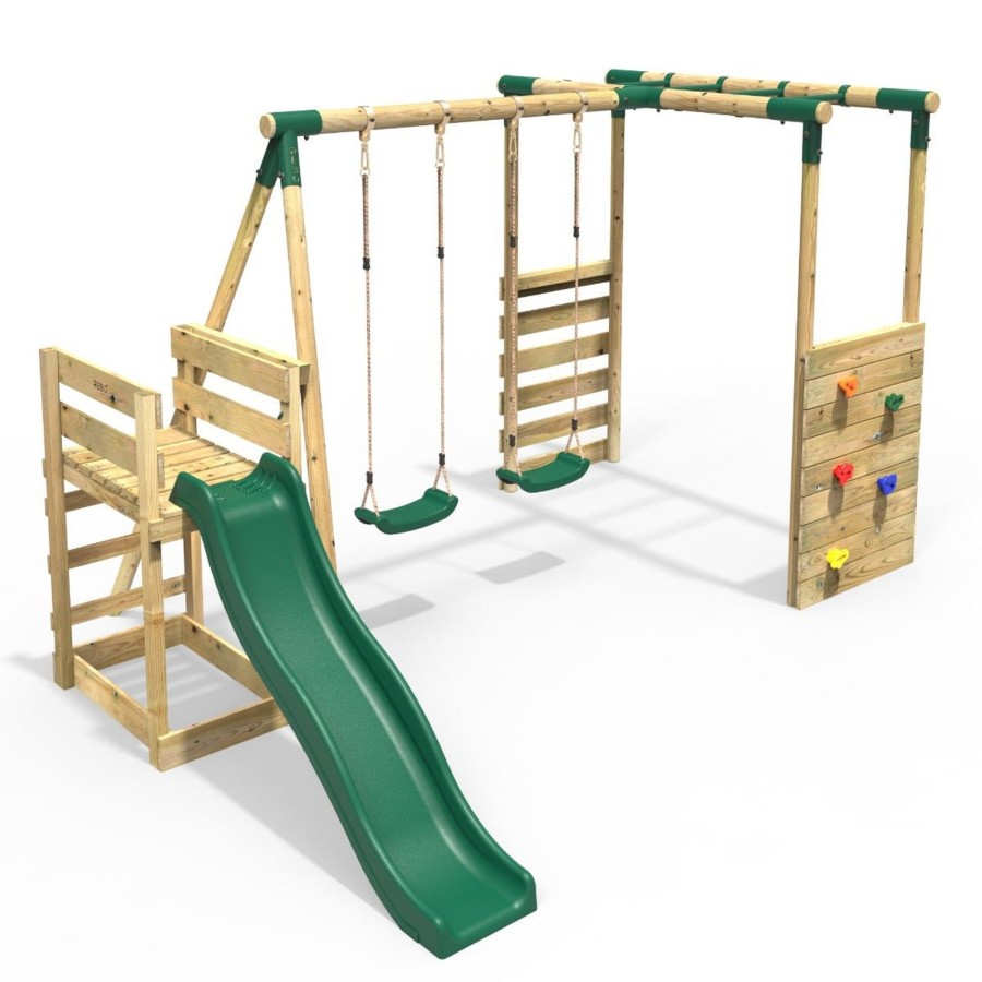 Swings OutdoorToys Wooden Swings | Rebo Wooden Swing Set With Monkey Bars Plus Deck & 6Ft Slide - Venus Green