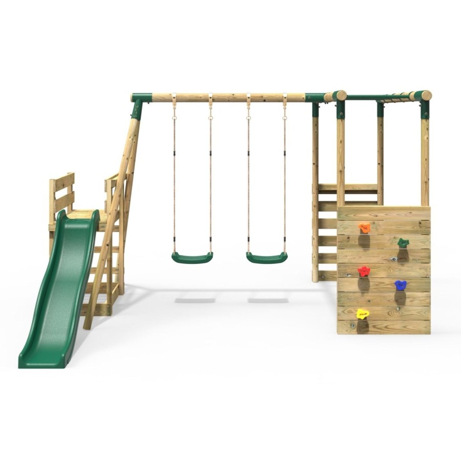 Swings OutdoorToys Wooden Swings | Rebo Wooden Swing Set With Monkey Bars Plus Deck & 6Ft Slide - Venus Green