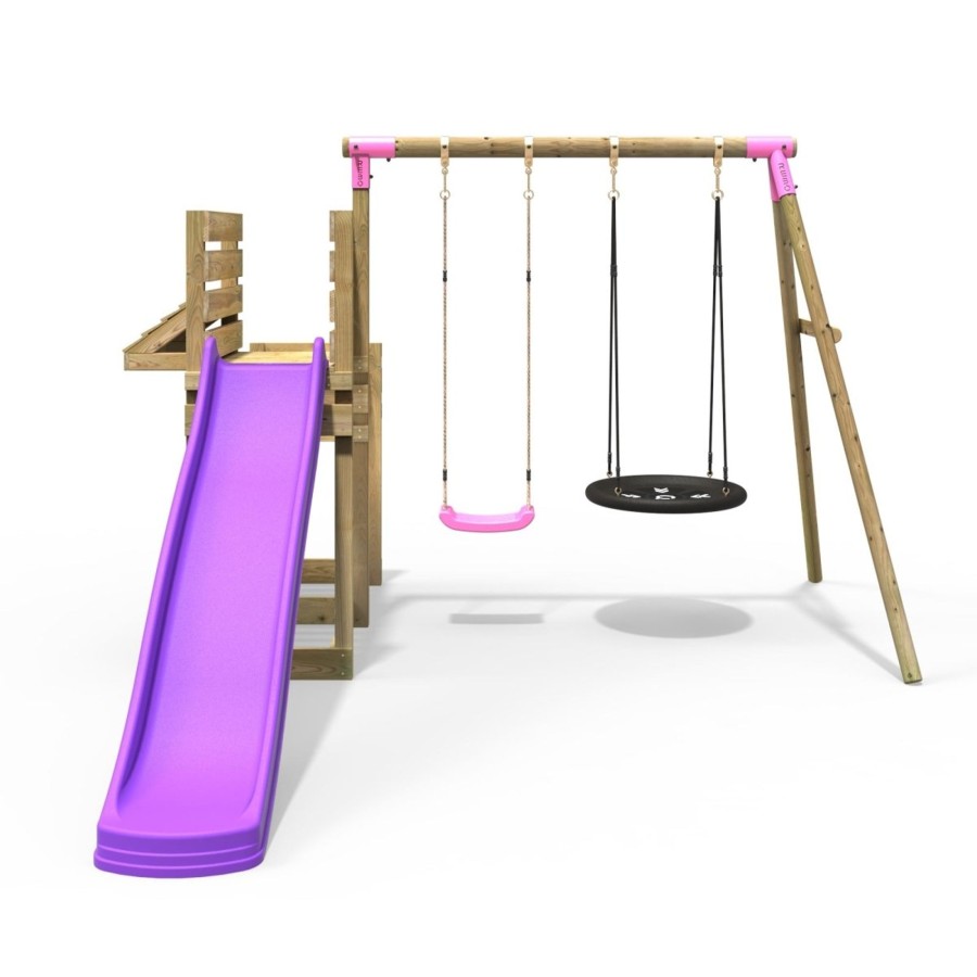 Swings OutdoorToys Wooden Swings | Rebo Wooden Swing Set With Deluxe Add On Deck & 8Ft Slide - Satellite Pink