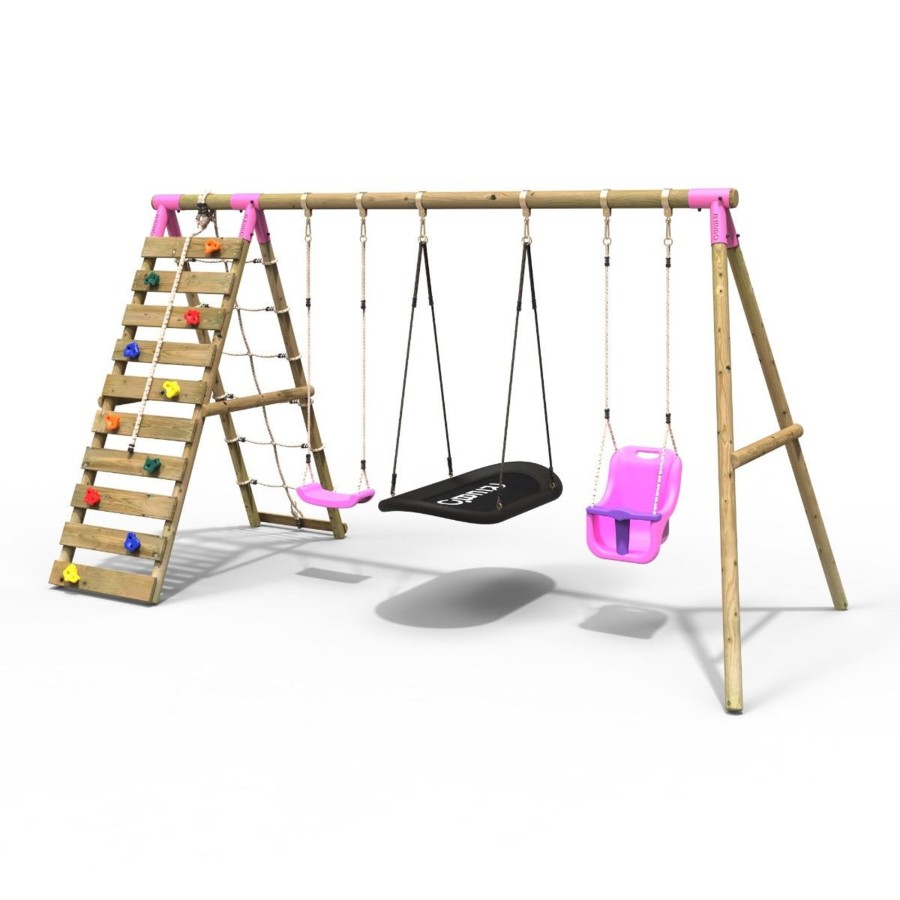 Swings OutdoorToys Wooden Swings | Rebo Wooden Swing Set With Up And Over Climbing Wall - Skye Pink