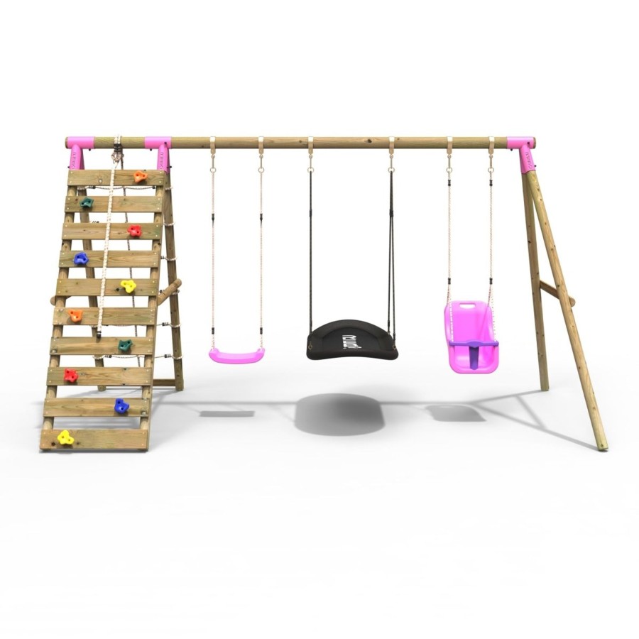 Swings OutdoorToys Wooden Swings | Rebo Wooden Swing Set With Up And Over Climbing Wall - Skye Pink