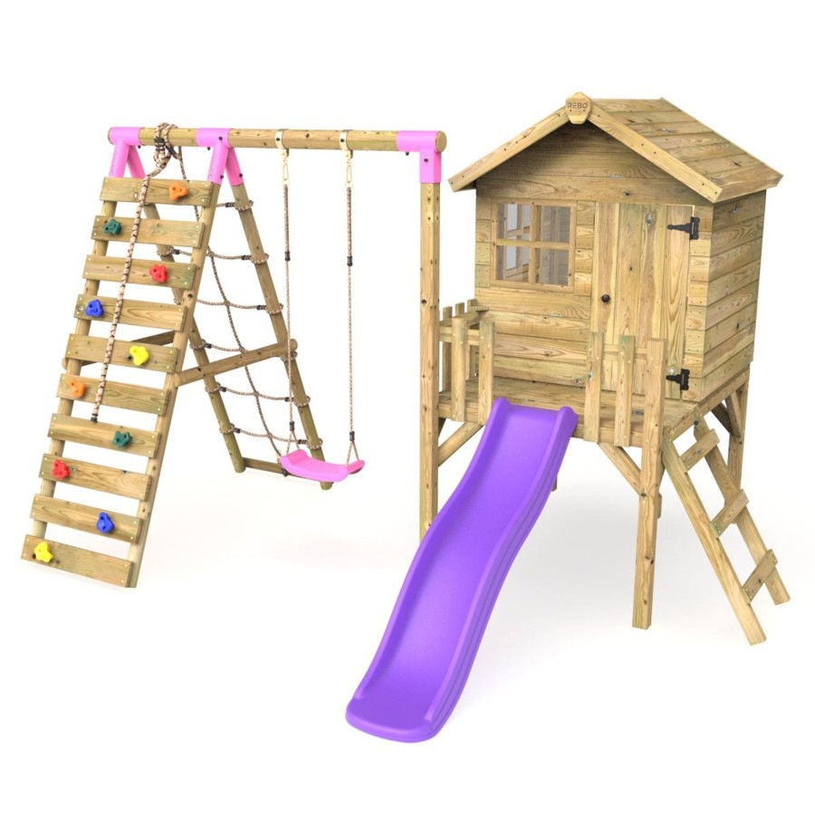 Playhouses OutdoorToys Playhouses With Slides And Swings | Rebo Orchard 4Ft Wooden Playhouse + Swings, Rock Wall, Deck & 6Ft Slide Solar Purple