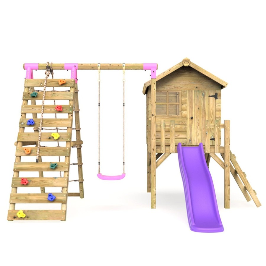 Playhouses OutdoorToys Playhouses With Slides And Swings | Rebo Orchard 4Ft Wooden Playhouse + Swings, Rock Wall, Deck & 6Ft Slide Solar Purple