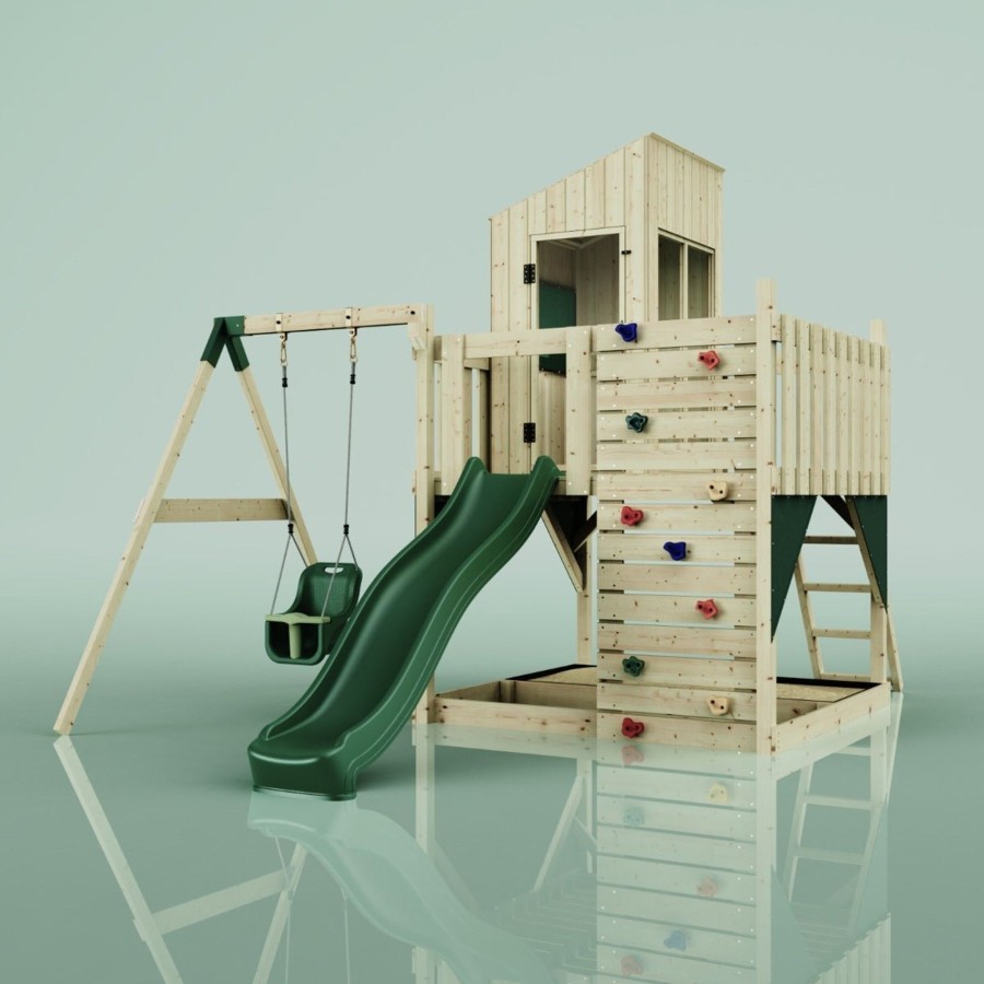 Playhouses OutdoorToys Playhouses With Slides And Swings | Polarplay Kids Climbing Tower & Playhouse - Swing Helka Green