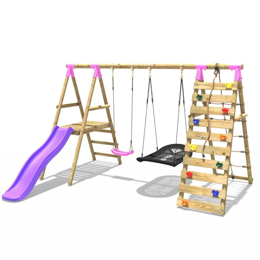 Swings OutdoorToys Wooden Swings | Rebo Wooden Swing Set With Deck And Slide Plus Up And Over Climbing Wall - Quartz Pink