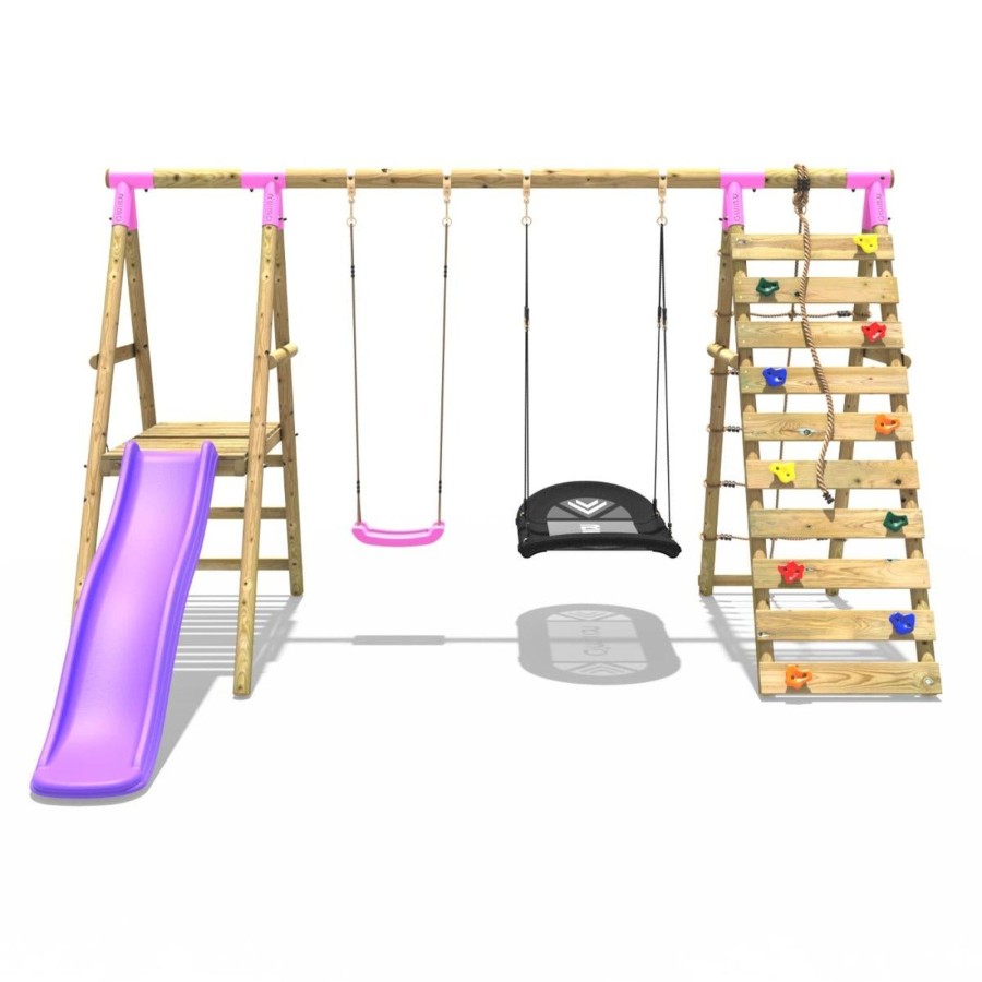 Swings OutdoorToys Wooden Swings | Rebo Wooden Swing Set With Deck And Slide Plus Up And Over Climbing Wall - Quartz Pink