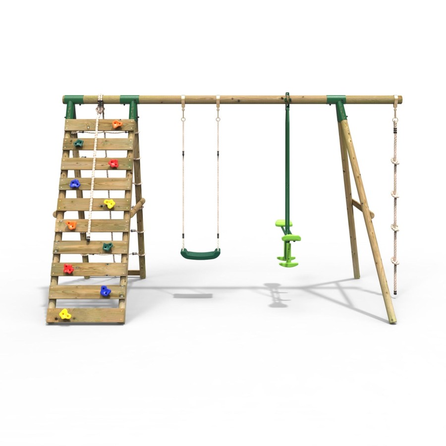 Swings OutdoorToys Wooden Swings | Rebo Wooden Swing Set With Up And Over Climbing Wall - Talia Green