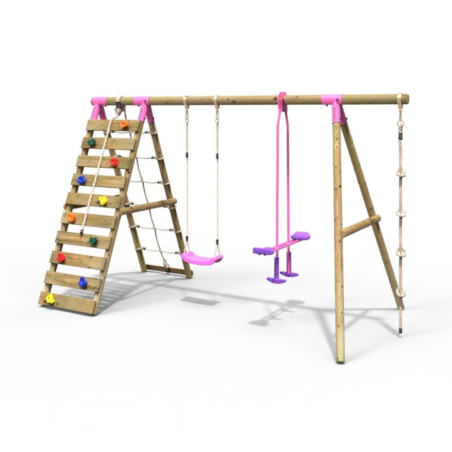 Swings OutdoorToys Wooden Swings | Rebo Wooden Swing Set With Up And Over Climbing Wall - Talia Pink