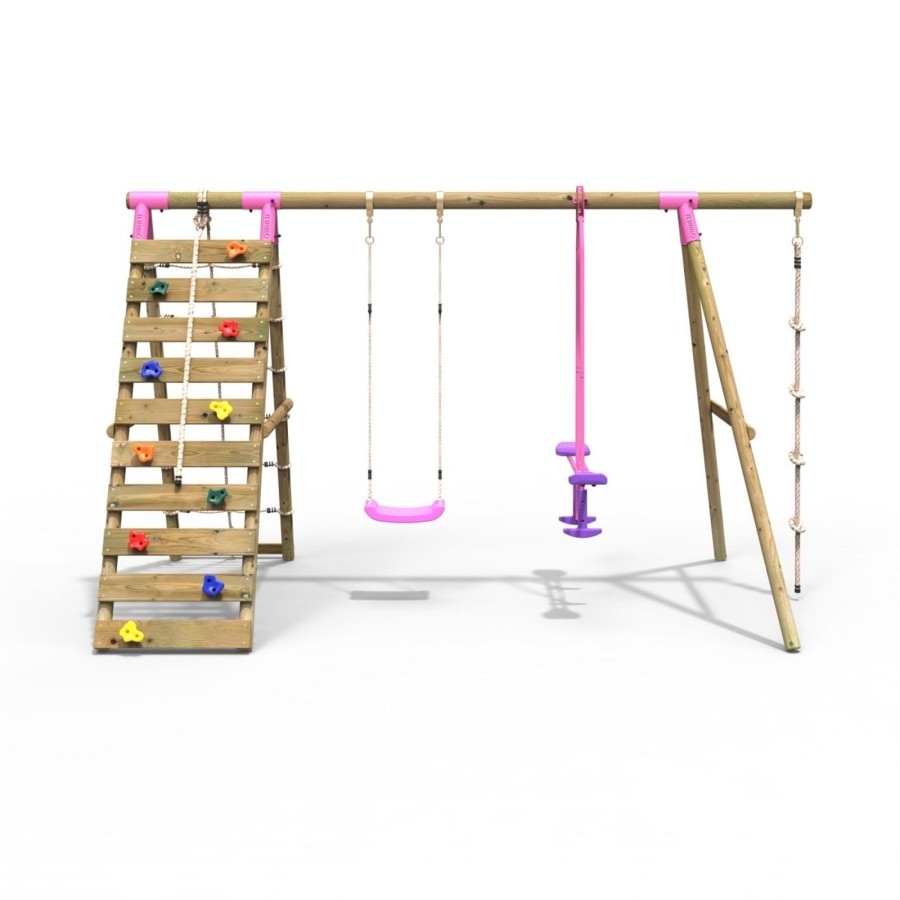 Swings OutdoorToys Wooden Swings | Rebo Wooden Swing Set With Up And Over Climbing Wall - Talia Pink