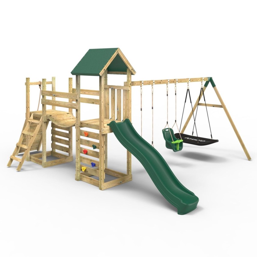 Climbing Frames OutdoorToys Climbing Frames With Rock Walls | Rebo Double Tower Climbing Frame With Flexible Bridge, Swing & Slide - Snowdon