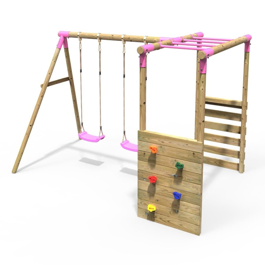 Swings OutdoorToys Wooden Swings | Rebo Wooden Garden Swing Set With Monkey Bars - Venus Pink