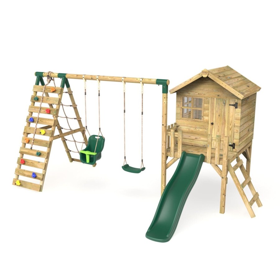 Playhouses OutdoorToys Playhouses With Slides And Swings | Rebo Orchard 4Ft Wooden Playhouse + Swings, Rock Wall, Deck & 6Ft Slide Luna Green