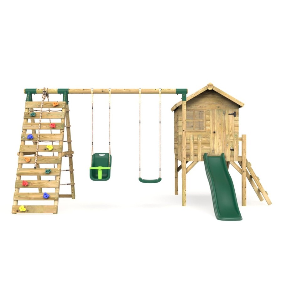 Playhouses OutdoorToys Playhouses With Slides And Swings | Rebo Orchard 4Ft Wooden Playhouse + Swings, Rock Wall, Deck & 6Ft Slide Luna Green