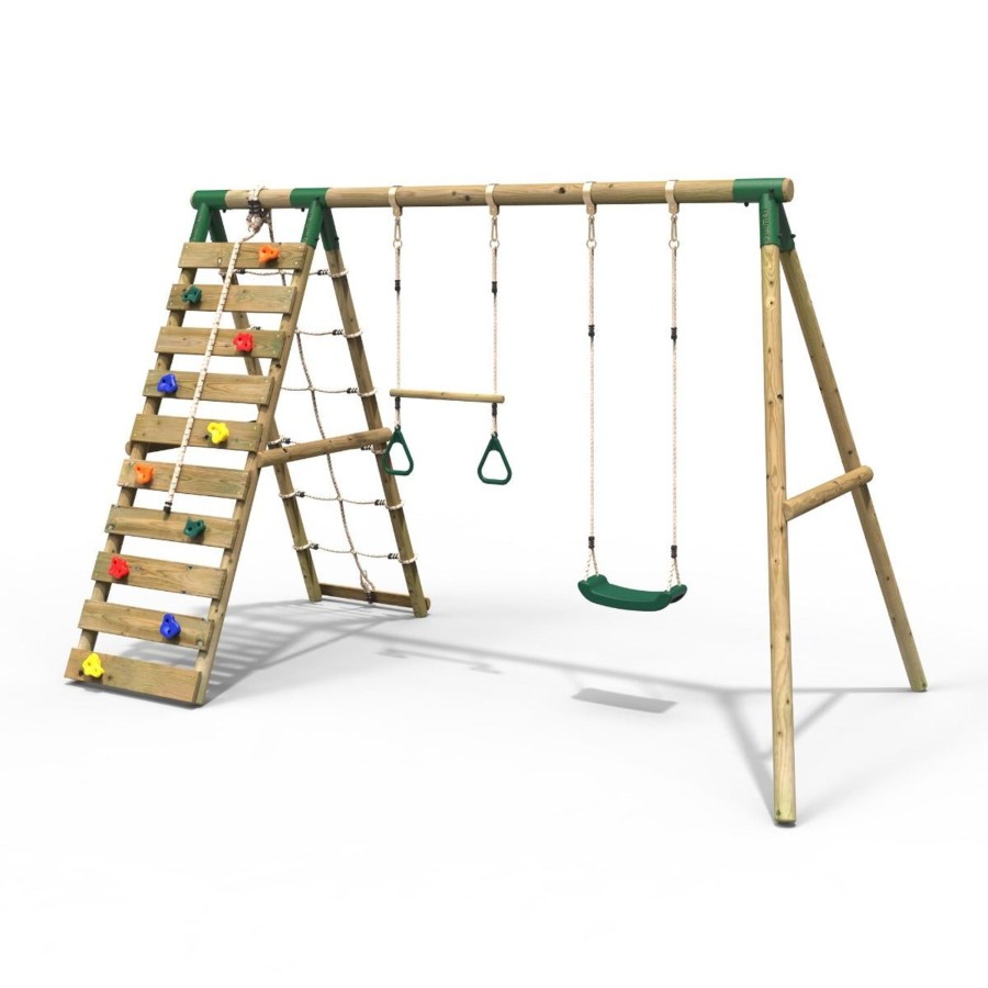 Swings OutdoorToys Wooden Swings | Rebo Wooden Swing Set With Up And Over Climbing Wall - Savannah Green