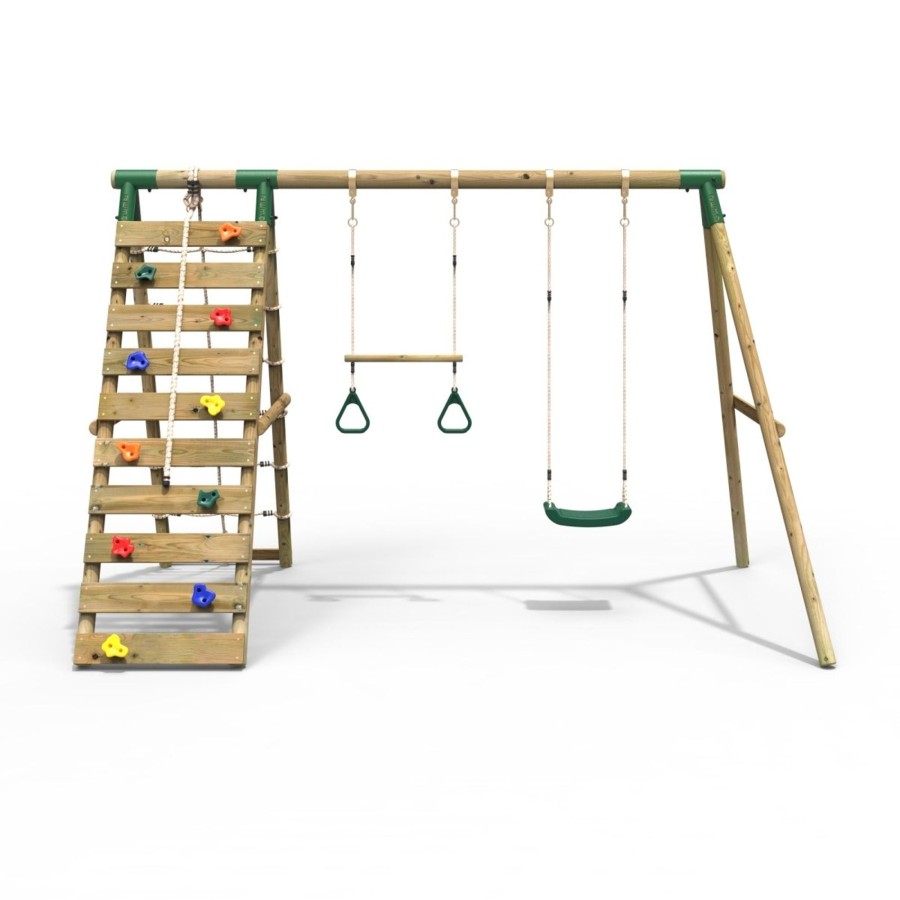 Swings OutdoorToys Wooden Swings | Rebo Wooden Swing Set With Up And Over Climbing Wall - Savannah Green