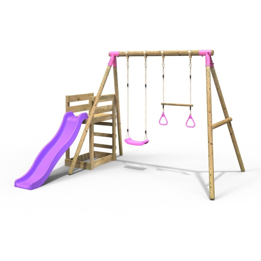 Swings OutdoorToys Wooden Swings | Rebo Wooden Swing Set Plus Deck & Slide - Janus Pink