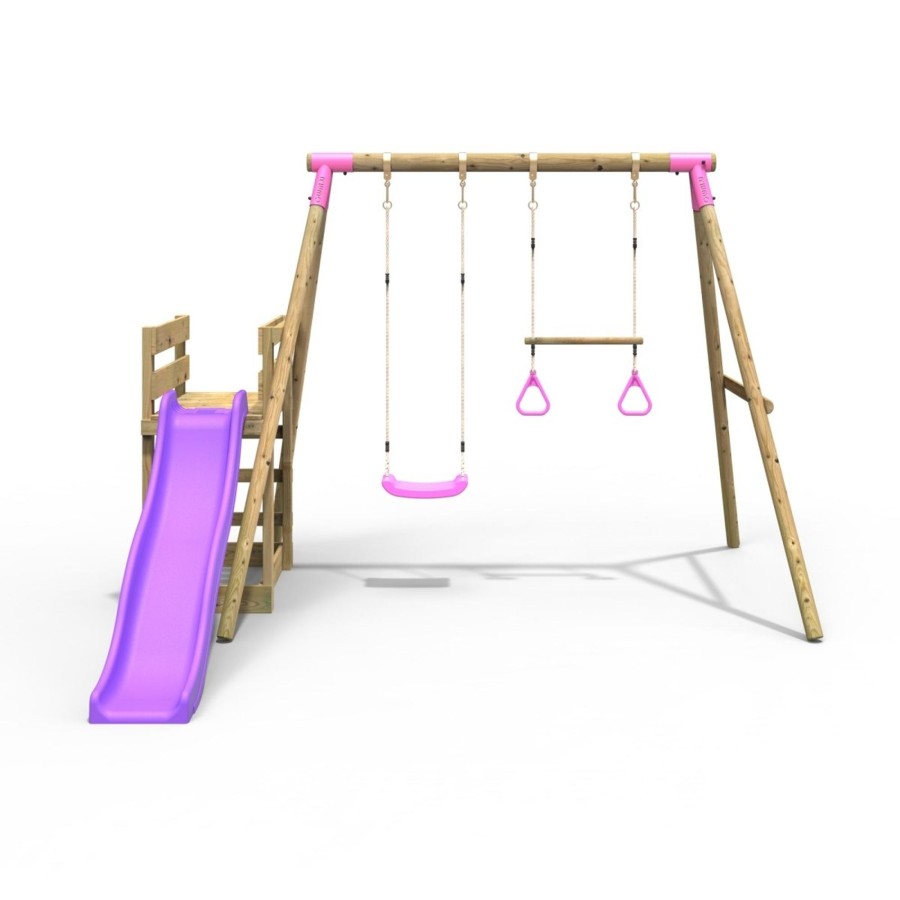 Swings OutdoorToys Wooden Swings | Rebo Wooden Swing Set Plus Deck & Slide - Janus Pink