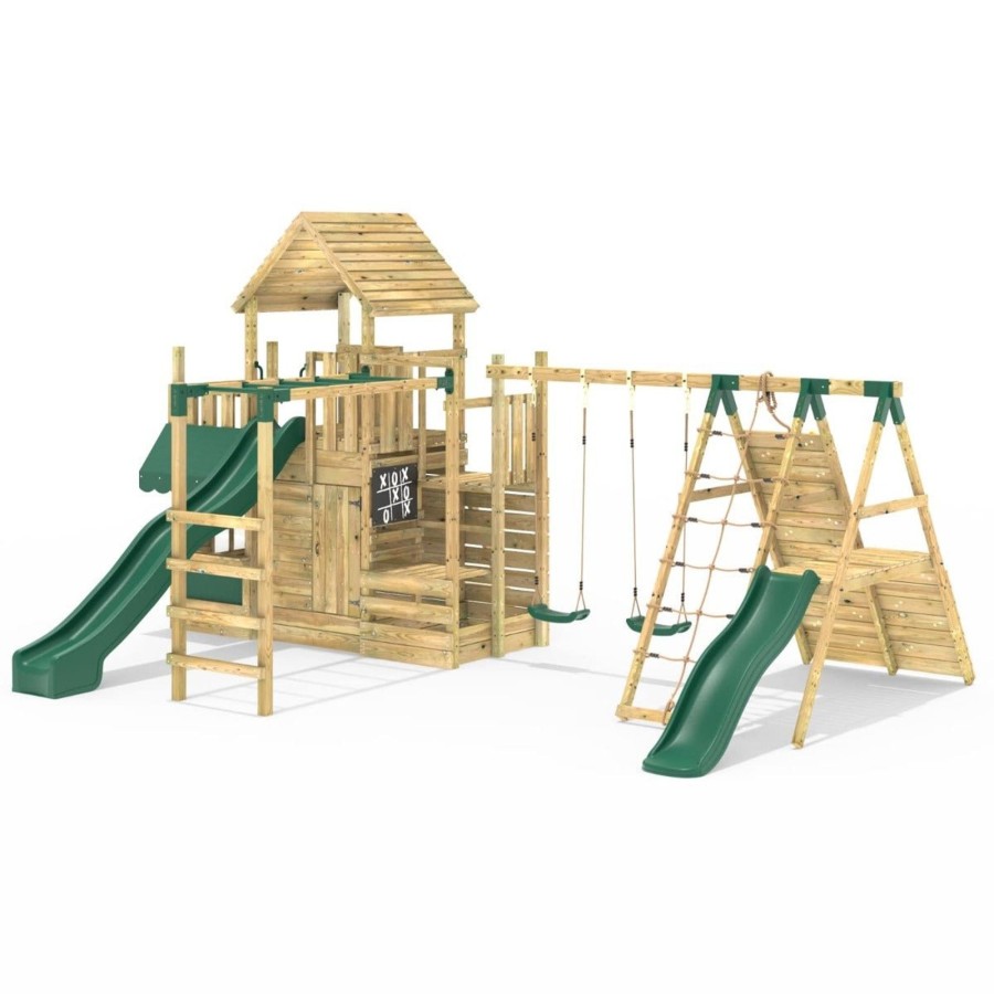 Climbing Frames OutdoorToys Climbing Frames With Rock Walls | Rebo Modular Wooden Climbing Frame Playset - M27 Double Swing, Monkey Bars & Den