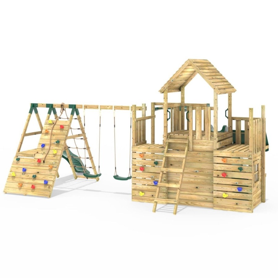 Climbing Frames OutdoorToys Climbing Frames With Rock Walls | Rebo Modular Wooden Climbing Frame Playset - M27 Double Swing, Monkey Bars & Den