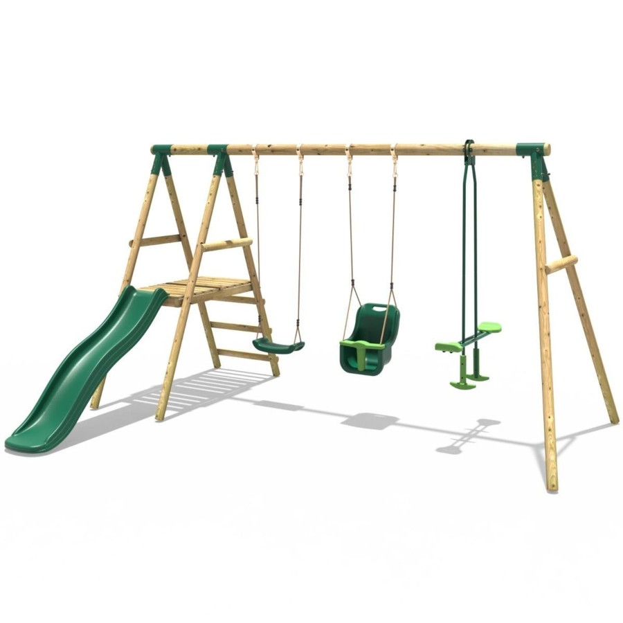 Swings OutdoorToys Swings & Slide Sets | Rebo Voyager Wooden Swing Set With Platform And Slide