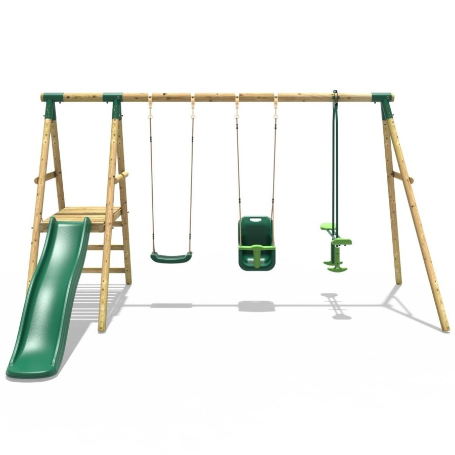 Swings OutdoorToys Swings & Slide Sets | Rebo Voyager Wooden Swing Set With Platform And Slide