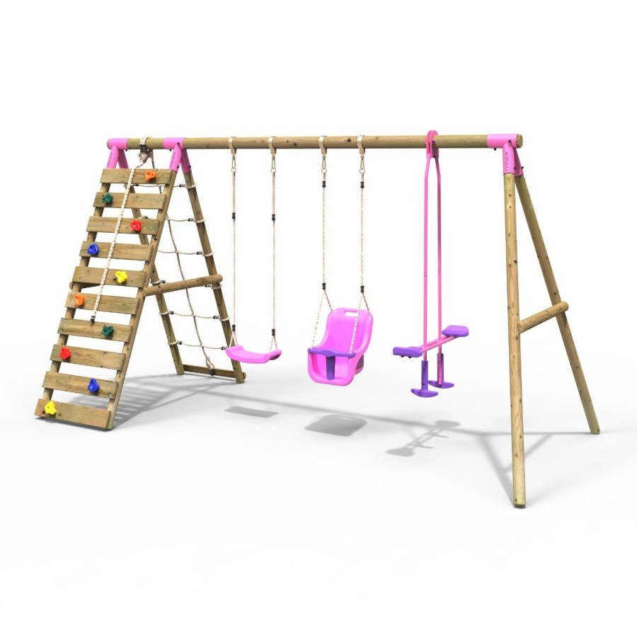 Swings OutdoorToys Wooden Swings | Rebo Wooden Swing Set With Up And Over Climbing Wall - Sienna Pink