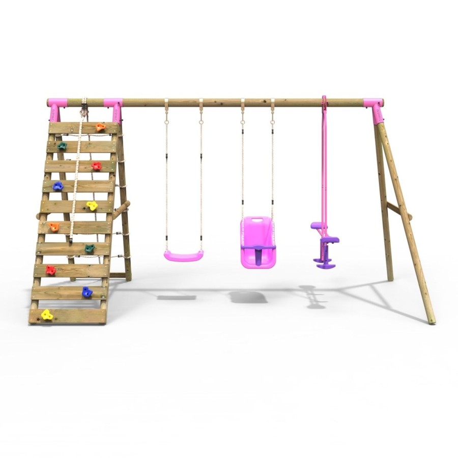 Swings OutdoorToys Wooden Swings | Rebo Wooden Swing Set With Up And Over Climbing Wall - Sienna Pink