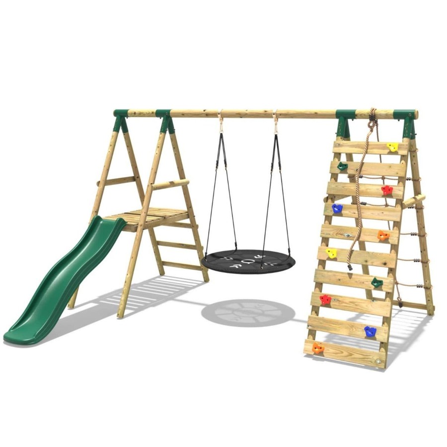 Swings OutdoorToys Wooden Swings | Rebo Wooden Swing Set With Deck And Slide Plus Up And Over Climbing Wall - Pyrite