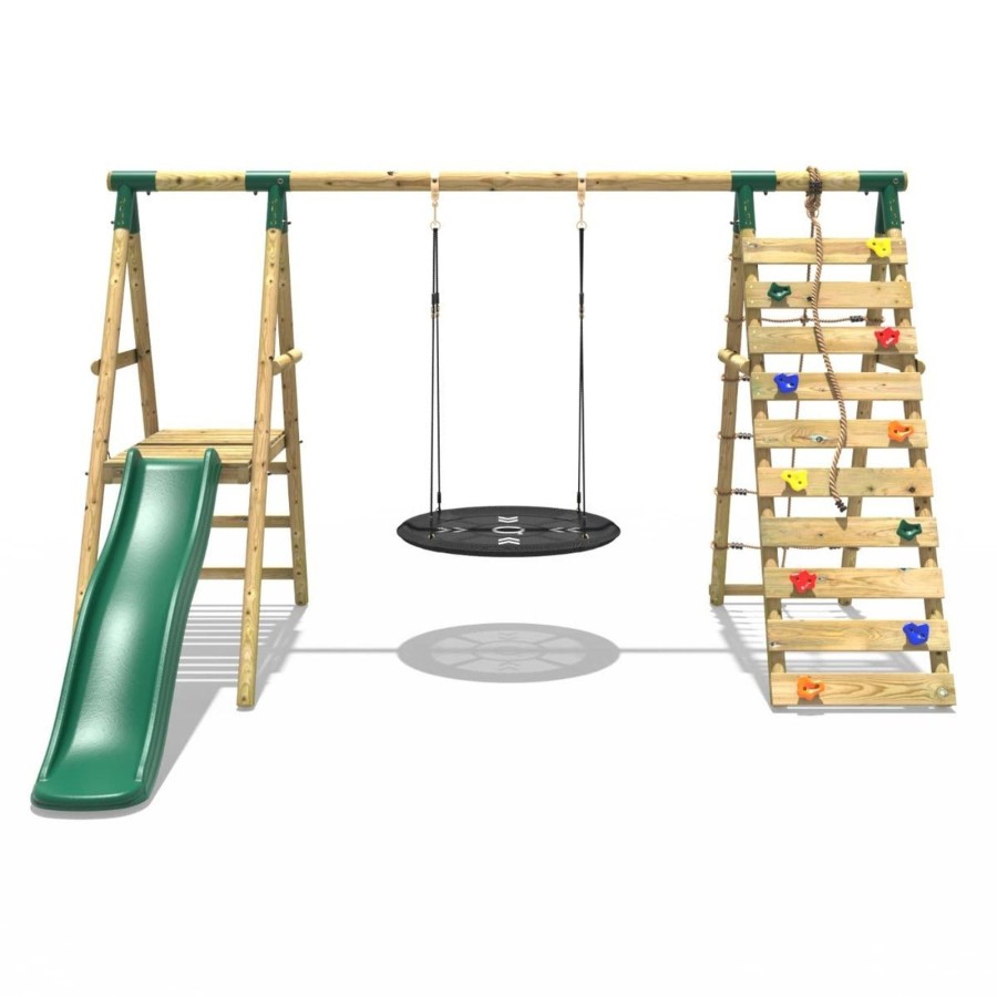 Swings OutdoorToys Wooden Swings | Rebo Wooden Swing Set With Deck And Slide Plus Up And Over Climbing Wall - Pyrite