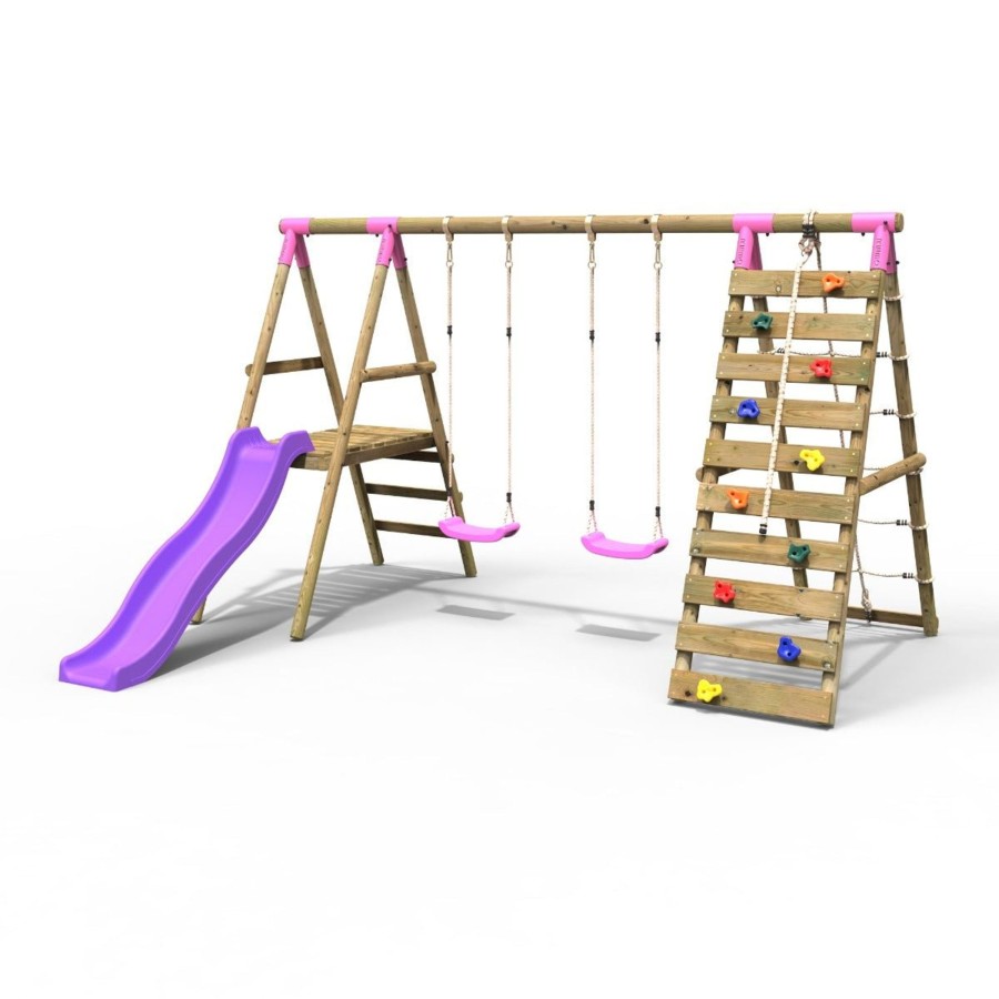 Swings OutdoorToys Swings & Slide Sets | Rebo Wooden Swing Set With Deck, Slide & Climbing Wall - Jade Pink