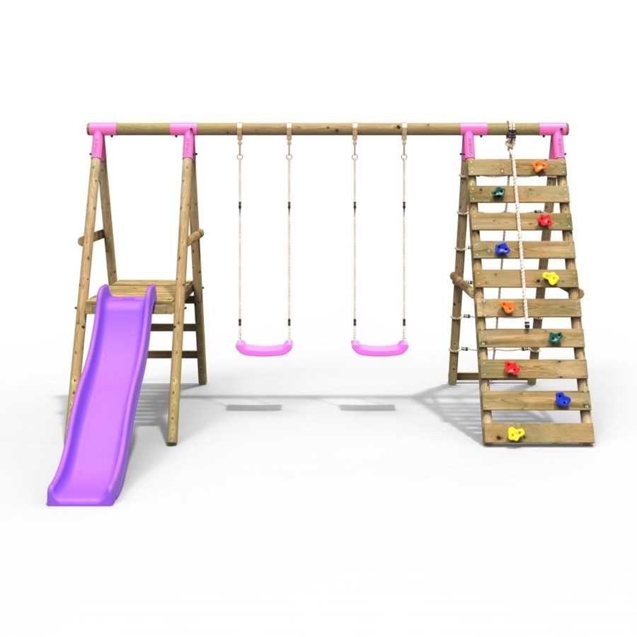 Swings OutdoorToys Swings & Slide Sets | Rebo Wooden Swing Set With Deck, Slide & Climbing Wall - Jade Pink