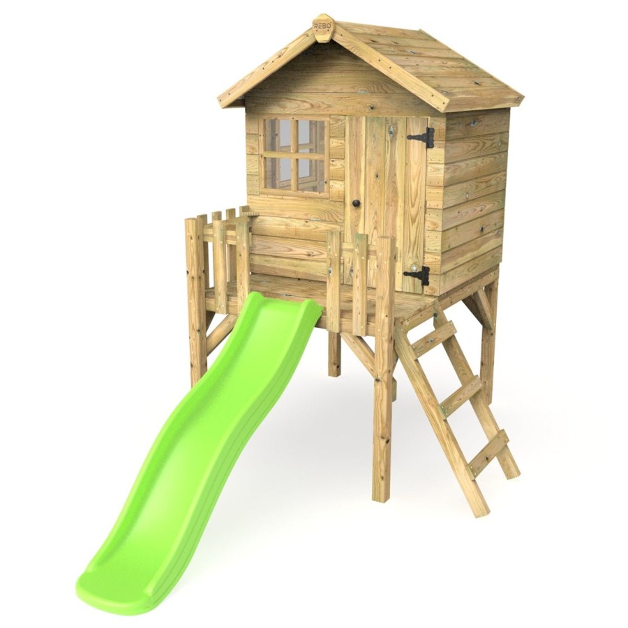 Playhouses OutdoorToys Playhouses With Slides | Rebo Orchard 4Ft X 4Ft Wooden Playhouse On 900Mm Deck + 6Ft Slide Swan L Green