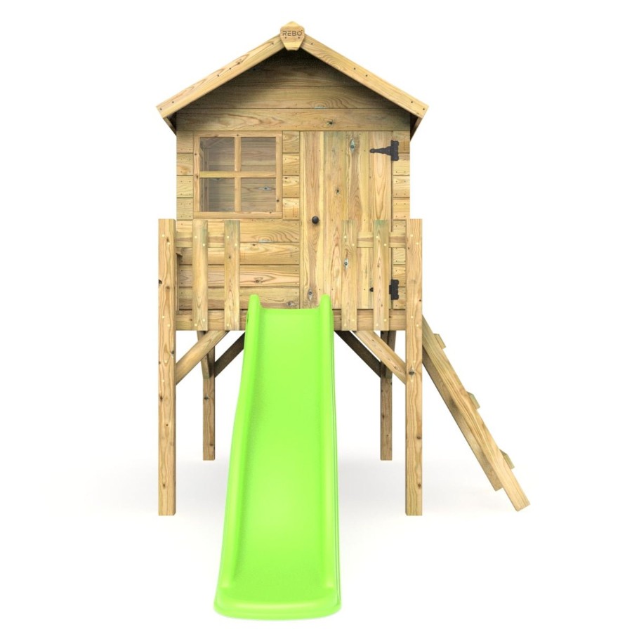 Playhouses OutdoorToys Playhouses With Slides | Rebo Orchard 4Ft X 4Ft Wooden Playhouse On 900Mm Deck + 6Ft Slide Swan L Green