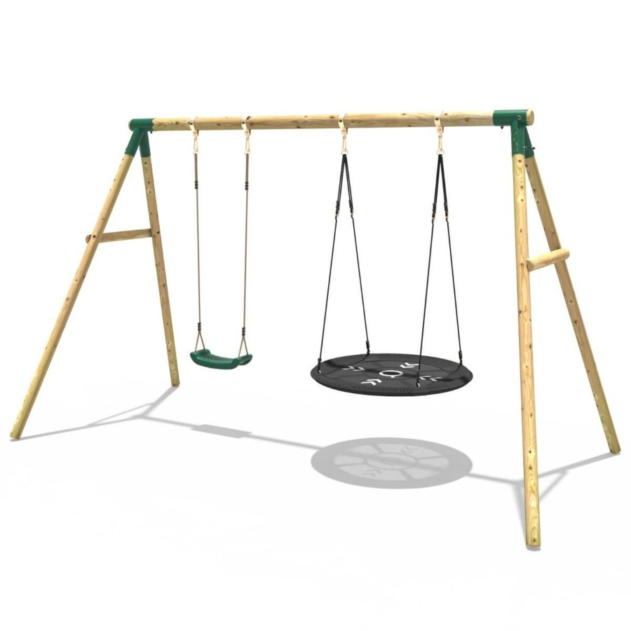 Swings OutdoorToys Wooden Swings | Rebo Wooden Garden Double Swing Set Round + Standard Seat - Meteorite Green