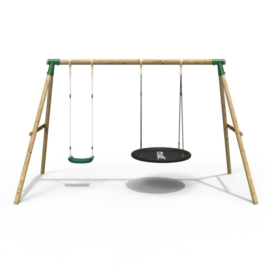 Swings OutdoorToys Wooden Swings | Rebo Wooden Garden Double Swing Set Round + Standard Seat - Meteorite Green