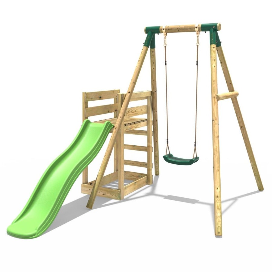 Swings OutdoorToys Swings & Slide Sets | Rebo Wooden Swing Set Plus Deck & Slide - Solar Green