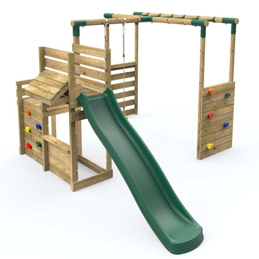 Swings OutdoorToys Wooden Swings | Rebo Wooden Swing Set Plus Deluxe Deck, 8Ft Slide & Monkey Bars - Solar Green